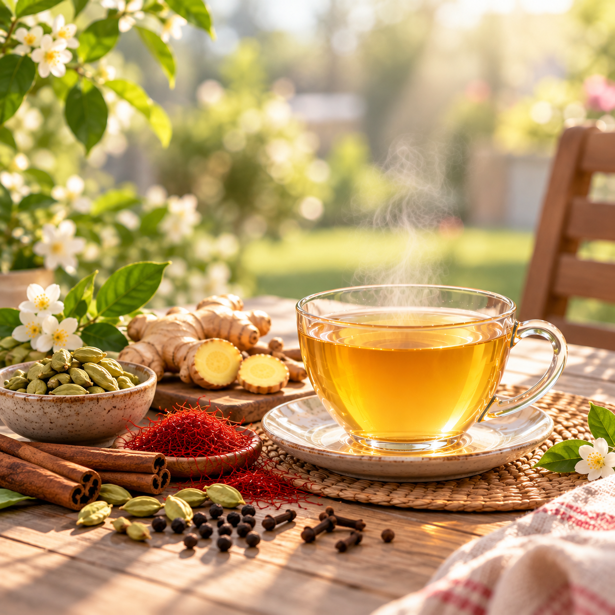 Eight whole tea ingredients — saffron, cinnamon, cardamom, clove, black pepper, ginger, fennel and jasmine buds — laid out on a wooden table