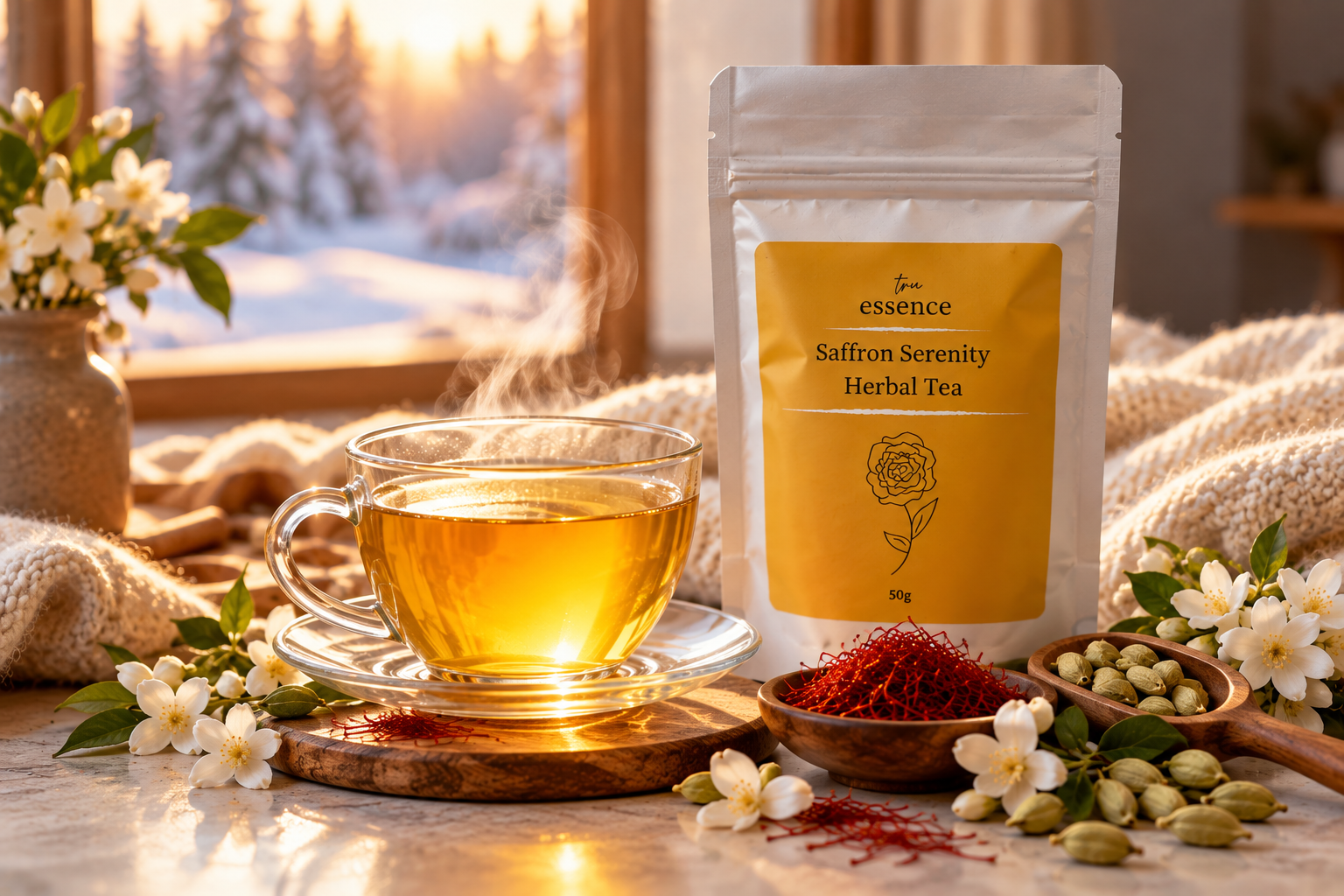 Saffron Serenity herbal tea still life with a steaming cup and saffron threads