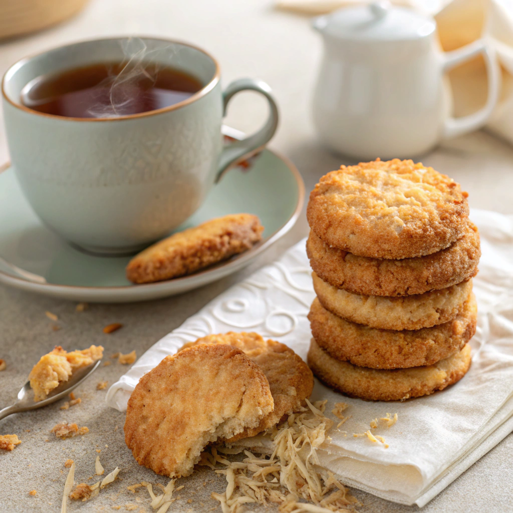 Crisp almond tea biscuits arranged on a ceramic plate