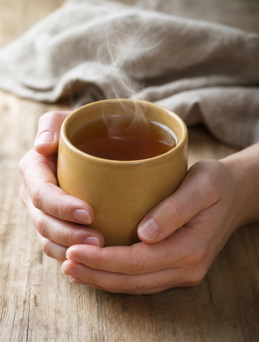 Hand holding a steaming handle-free cup of saffron herbal tea in soft daylight