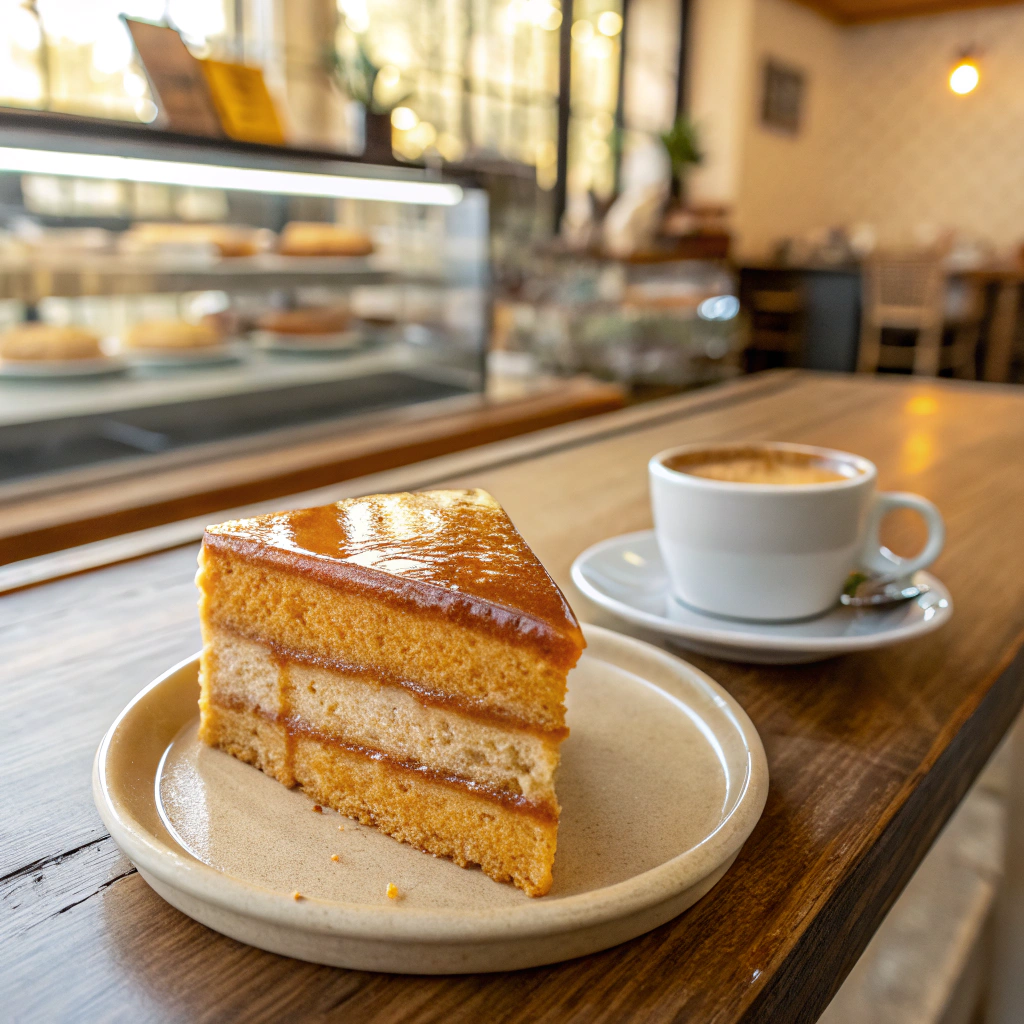 Layered golden honey cake dusted with cinnamon