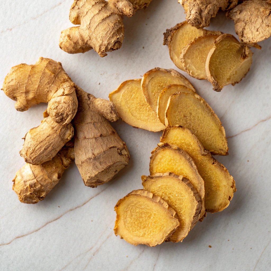 Sliced sun-dried ginger root
