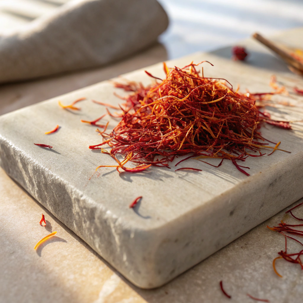 Loose dried saffron threads on a stone slab