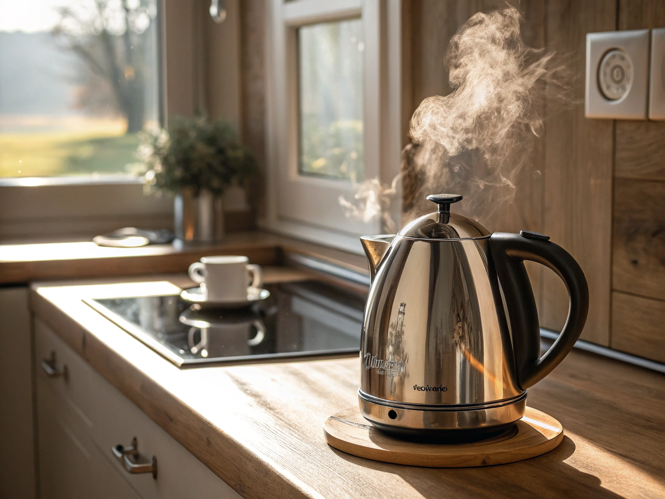 Clear water heating in a glass kettle with bubbles and gentle steam rising