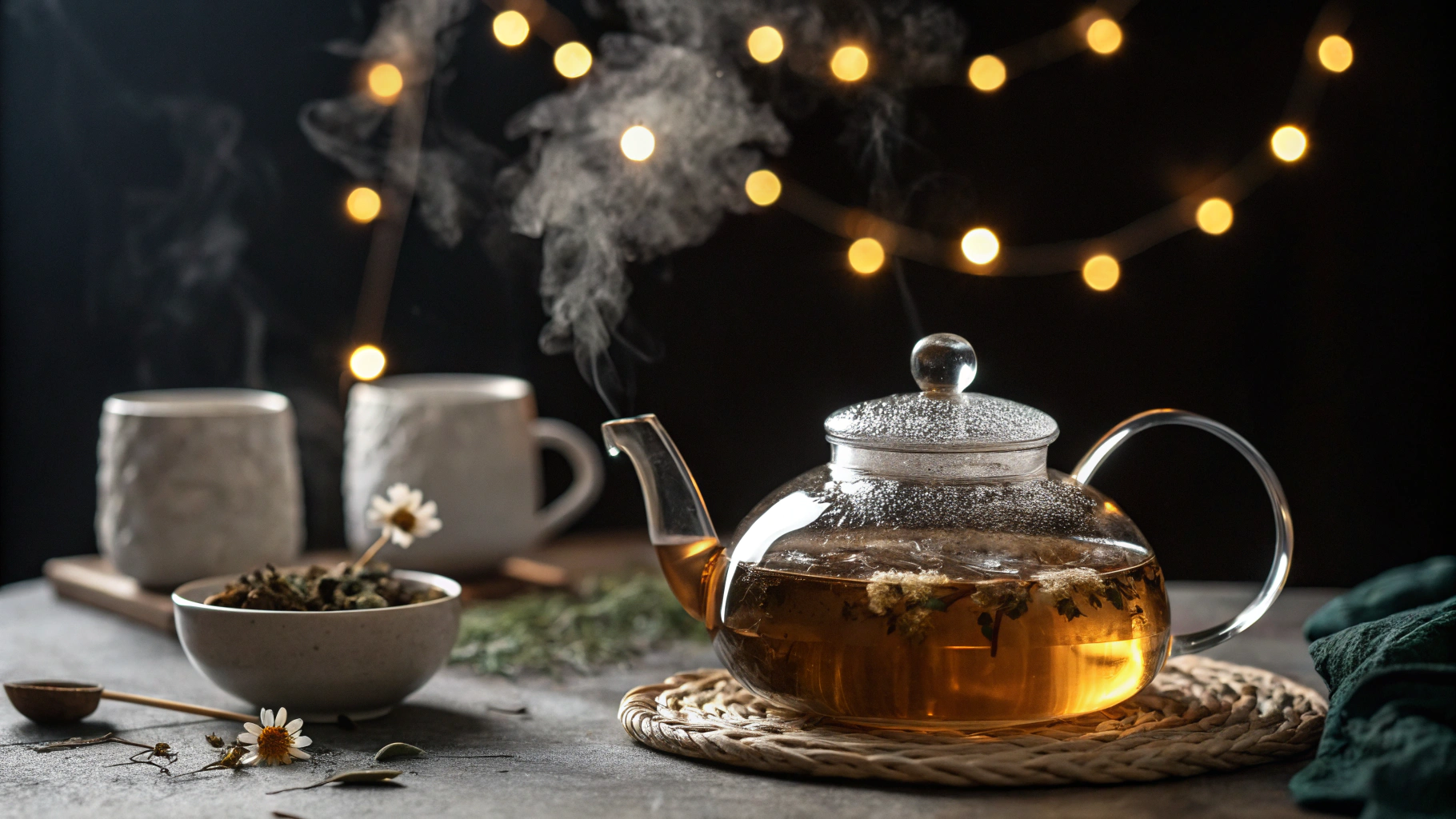 Loose saffron tea steeping in a clear glass teapot with golden amber infusion