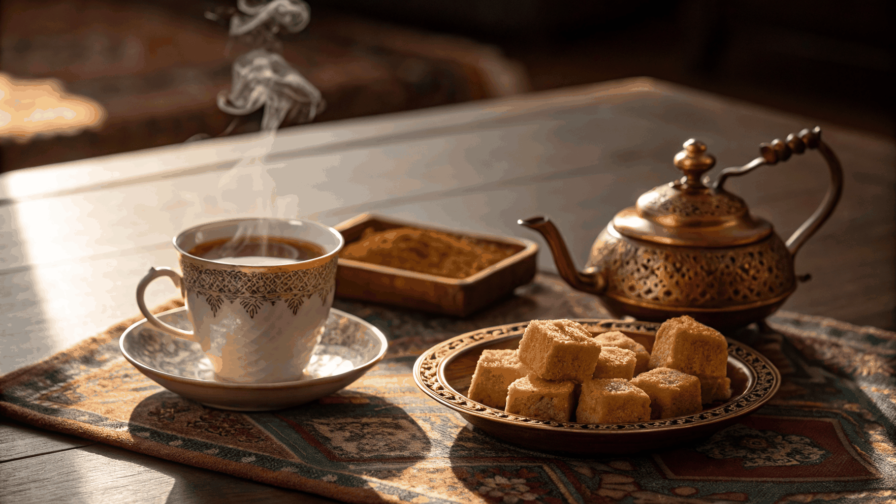 Warm golden saffron tea poured into a handcrafted ceramic cup
