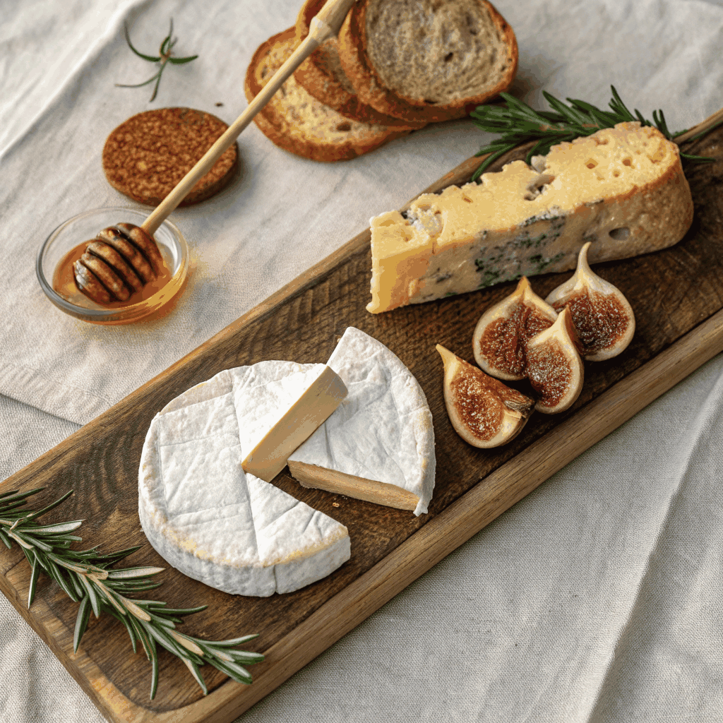 Creamy soft cheese drizzled with golden raw honey on a rustic dish