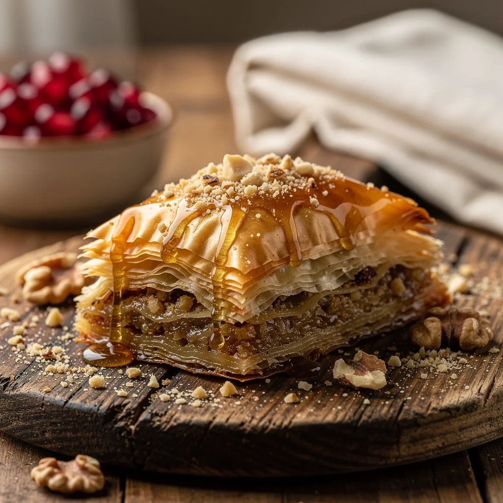 Honey glazed flaky baklava triangles with crushed nuts